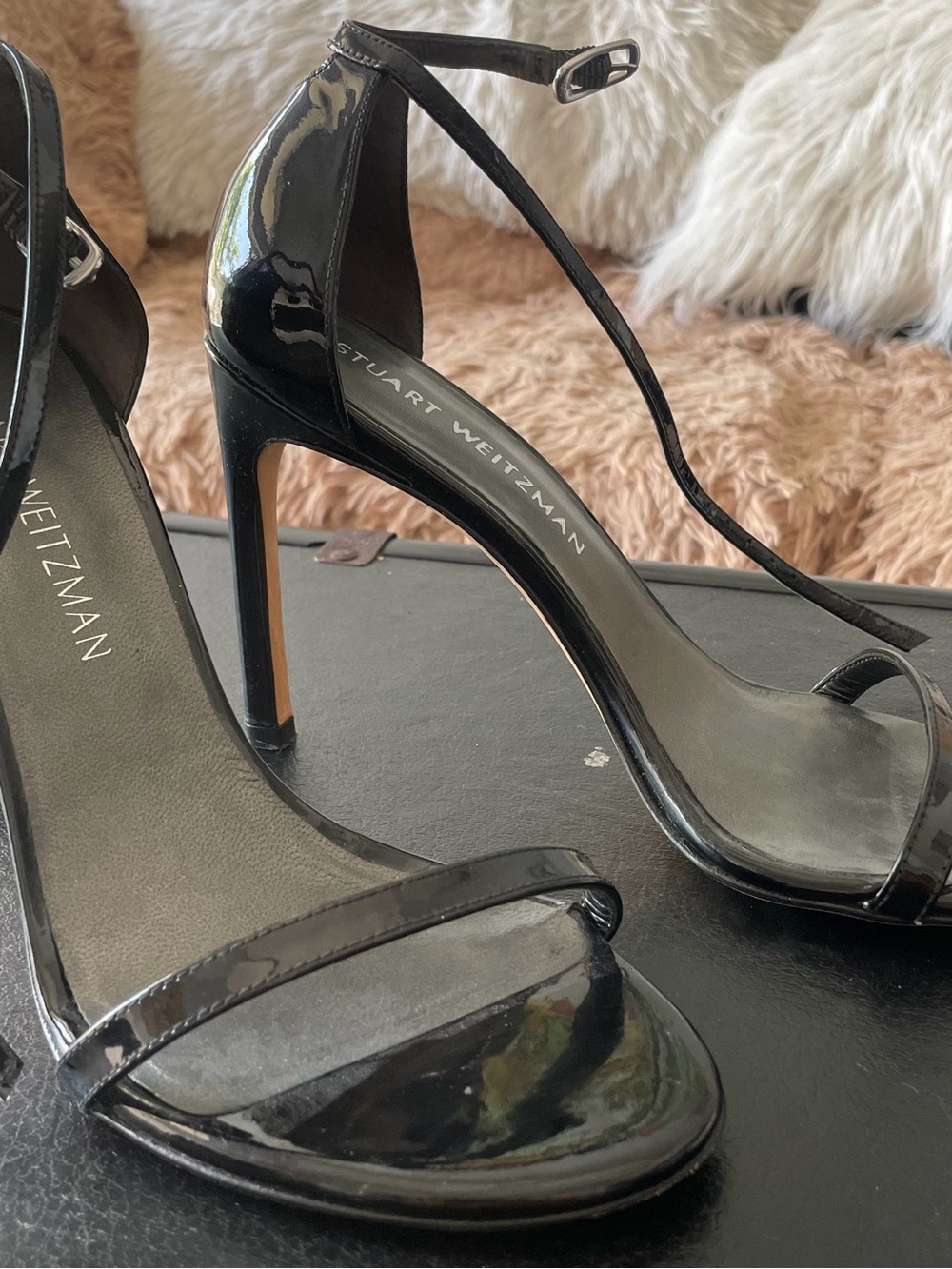 Stuart Weitzman Black Patent T-Strap Stiletto Sandals
